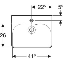 Asimetrik taşmalıklı Geberit Smyle Square küçük lavabo: Beyaz, B=45cm, H=16cm, T=36cm, Batarya deliği=Orta, Taşma deliği=Görünür - 3