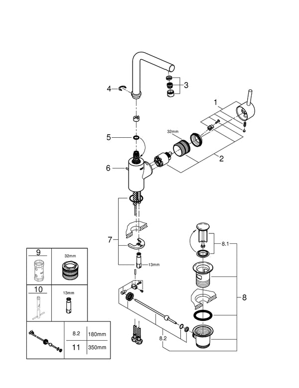 Grohe Concetto Tek Kumandalı Lavabo Bataryası 1/2″  L- Boyut - 23739002