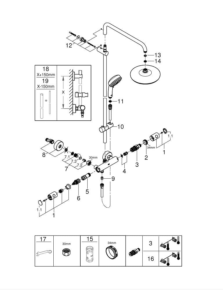 Grohe Tempesta  Cosmopolitan  System 210 Duvara Monte Termostatik Bataryalı Duş Sistemi - 27922001