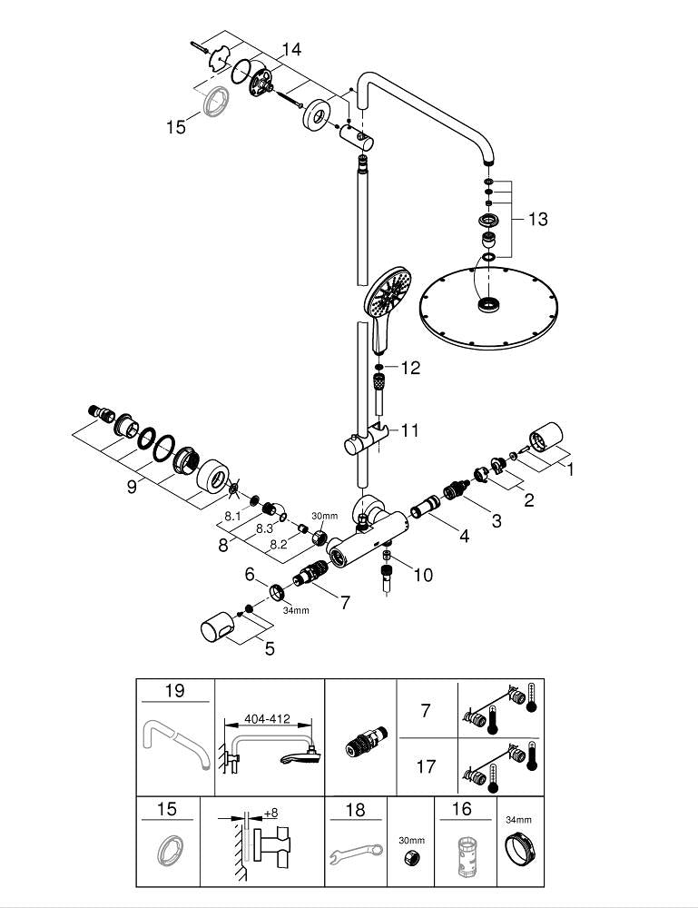 Grohe Rainshower  Smart Active 310 Duvara Monte Termostatik Bataryalı Duş Sistemi - 27968001