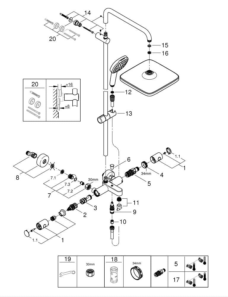 Grohe Tempesta  System 250  Cube Duvara Monte Termostatik Banyo Bataryalı Duş Sistemi - 26691001