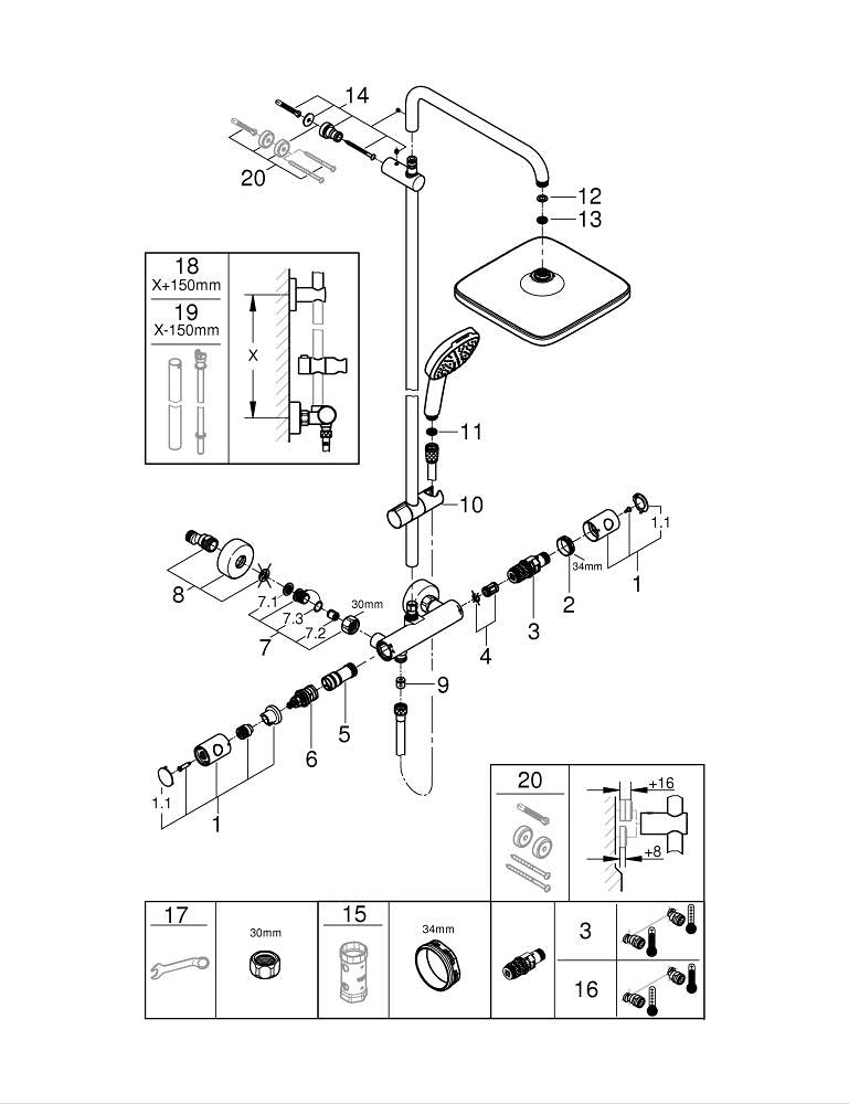 Grohe Tempesta  System 250  Cube Duvara Monte Termostatik Bataryalı Duş Sistemi - 26689001