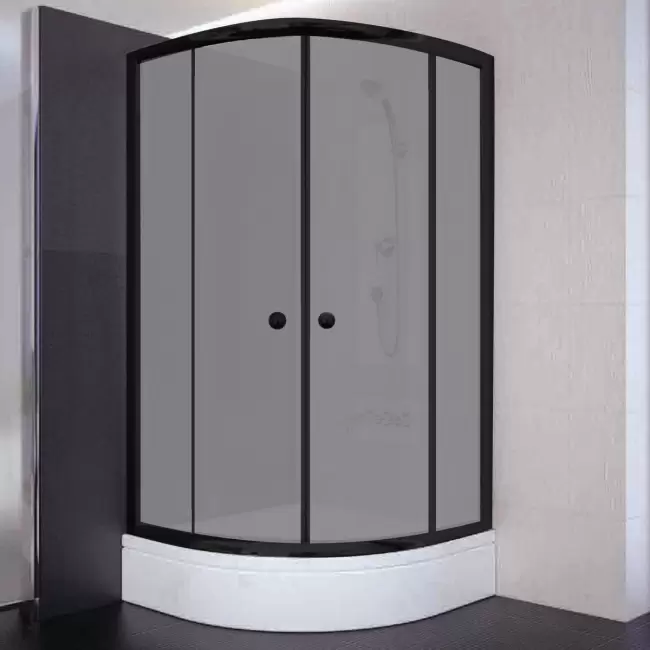 90x90x180 Oval Siyah Profil 06 Kumlu Cam Duş Kabini & 90x90x16 Panelli Duş Teknesi Set