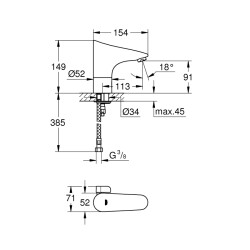 Grohe Europlus E Fotoselli Lavabo Bataryası, 1/2', Çift Su Girişli Ayarlanabilir Sıcaklık Sınırlayıcısı - 36207001 - 2