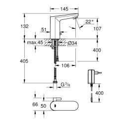 Grohe Eurosmart Cosmopolitan E Fotoselli Lavabo Bataryası, 1/2', Çift Su Girişli Ayarlanabilir Sıcaklık Sınırlayıcısı - 36325002 - 2