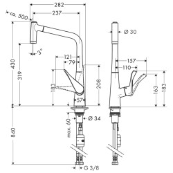 HansGrohe Metris M71 Tek Kollu Eviye Bataryası 320, Çekilebilir El Duşu, 2Jet - 14820000 - 2