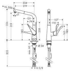 HansGrohe Metris M71 Tek Kollu Eviye Bataryası 320, Eco, Çekilebilir Gaga, 1Jet - 14781000 - 2