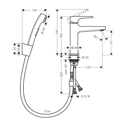 HansGrohe Metropol Tek Kollu Lavabo Bataryası Çubuk Volan, Bidette El Duşu Ve 160 Cm Duş Hortumu İle - 32522000 - 2