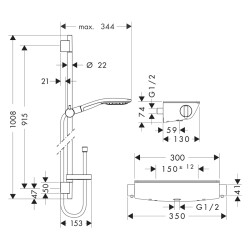 HansGrohe Raindance Select S Aplike Duş Sistemi 150 3Jet, Ecostat Select Termostat Ve 90 Cm Duş Barı İle - 27037400 - 2